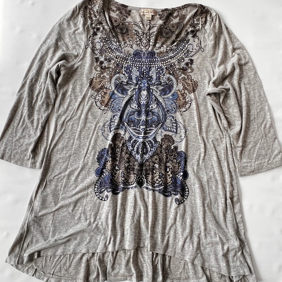 Live & Let Live Women's Sz XL Boho Style Tunic Gray Top ¾ Sleeve Paisley Pattern - Picture 1 of 12